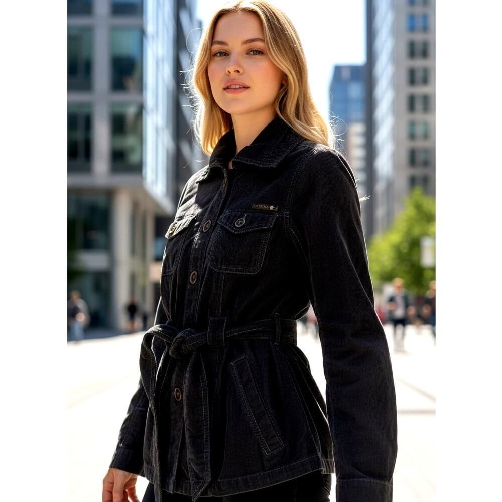Designer French Cuff Womens Dark Gray Button Down Belted Jacket - Size: M